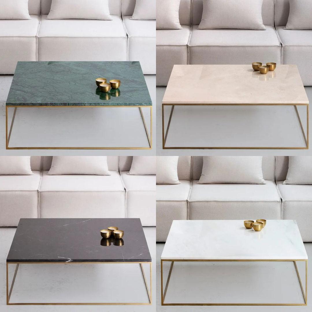 Table Basse Carrée en Marbre et Doré Épuré-Atelier Travertin