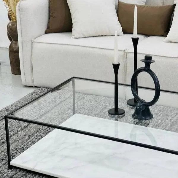 Table Basse Luxe Verre & Marbre – Élégance Pure-Atelier Travertin