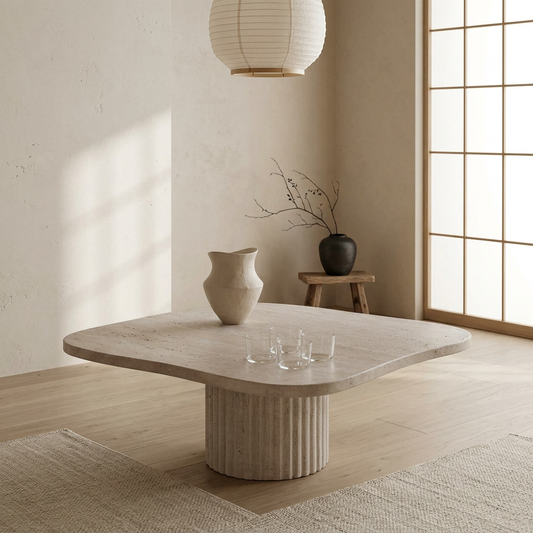 Table basse Alba en Travertin – Plateau organique et base cylindrique cannelée