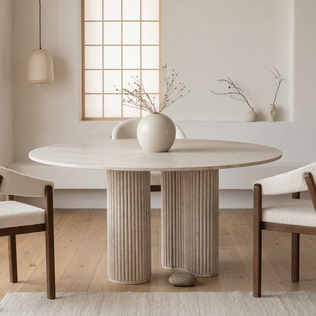Table à manger ronde en travertin Sculpta – Pieds striés design