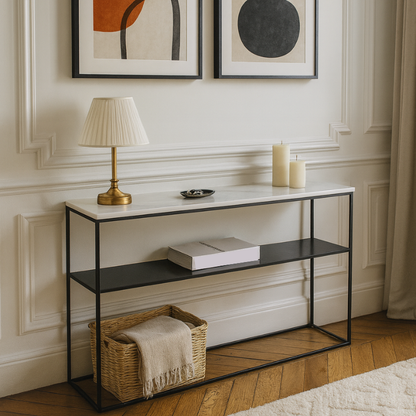 Console en Marbre Blanc et Métal Noir Nerys – Design Minimaliste