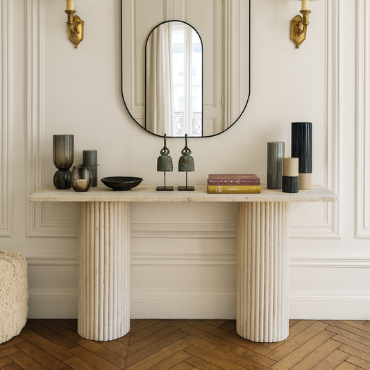 Console en Travertin naturel Colonna – Plateau rectangulaire et piètements striés