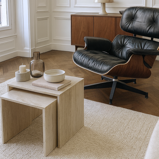 Duo de tables Aurora en Travertin – Élégance minimaliste et fonctionnalité modulable