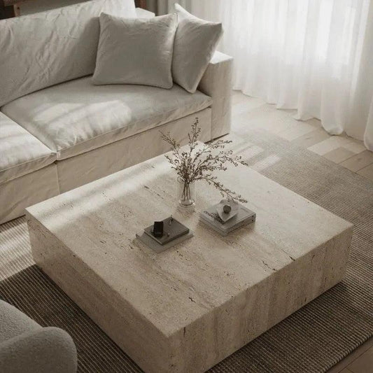 Élégance Travertin : Table Basse Carée-Atelier Travertin