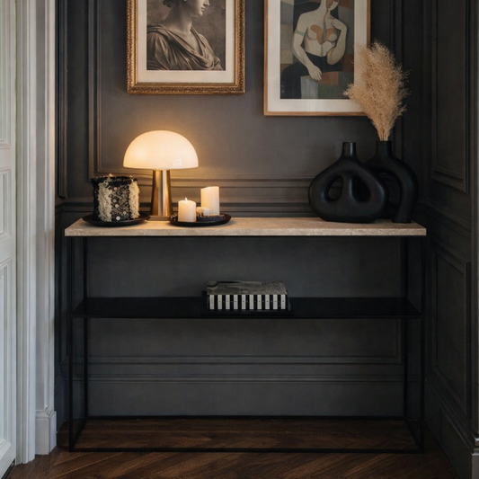 Console en Travertin et Métal Noir Nerem – Élégance Minimaliste