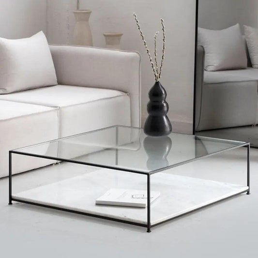 Table Basse Élégance Verre & Marbre Blanc-Atelier Travertin