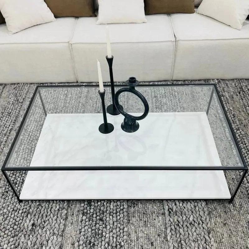 Table Basse Luxe Verre & Marbre – Élégance Pure-Atelier Travertin