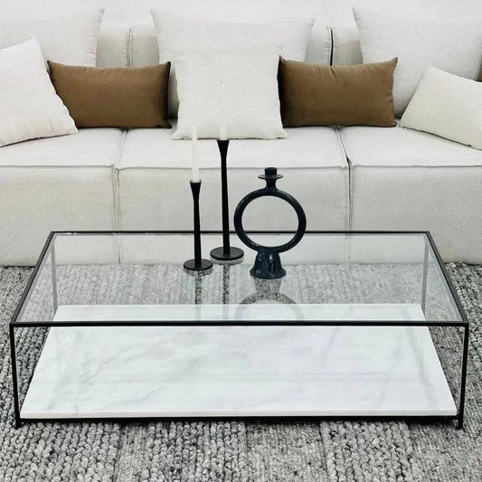 Table Basse Luxe Verre & Marbre – Élégance Pure-Atelier Travertin