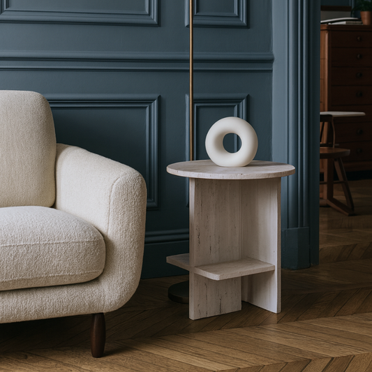 Table Elora en Travertin – Élégance méditerranéenne avec étagère intégrée