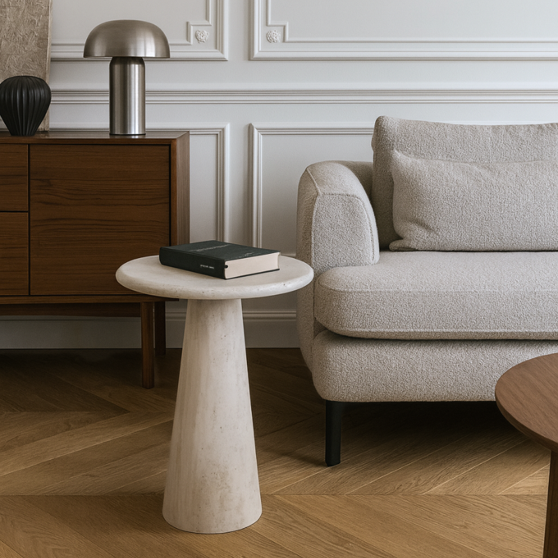 Table d’Appoint Koert en Travertin Naturel – Pied conique