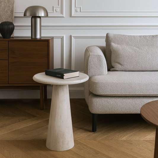 Table d’Appoint Koert en Travertin Naturel – Pied conique