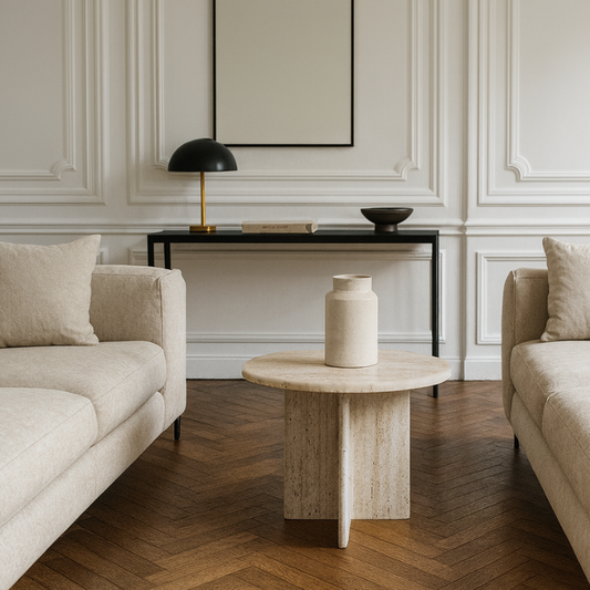 Table d’appoint Ronde en Travertin naturel Fiero – Piètement croisé minimaliste