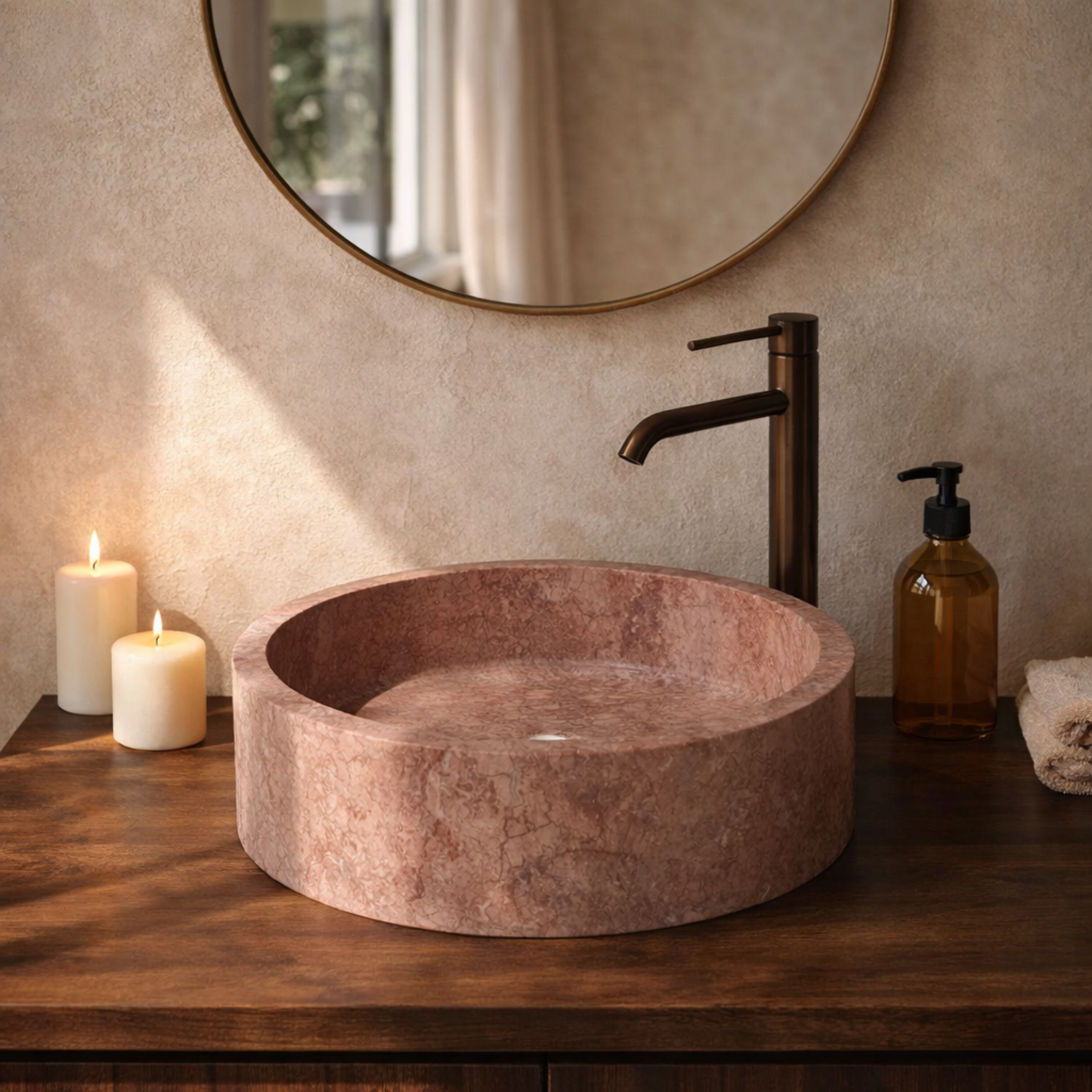 Vasque ronde en travertin rosé Ø40 cm – Vasca Rosa