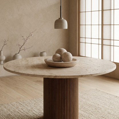 Table à manger ronde en travertin et bois Travia – Nature et Élégance