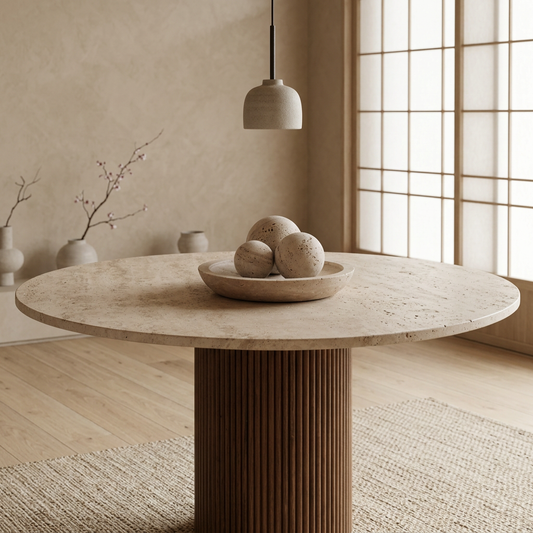 Table à manger ronde en travertin et bois Travia – Nature et Élégance