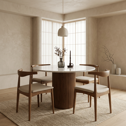Table à Manger Ronde en Marbre Blanc et Bois Strié - Élégance et Modernité