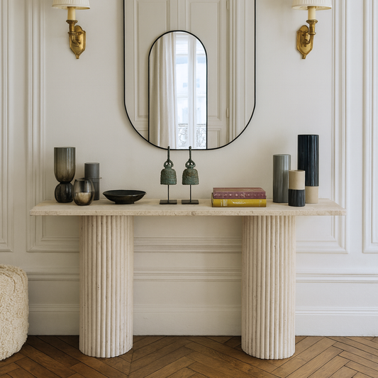Console en Travertin naturel Colonna – Plateau rectangulaire et piètements striés