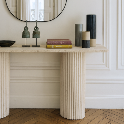 Console en Travertin naturel Colonna – Plateau rectangulaire et piètements striés