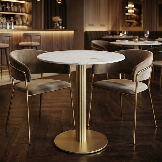 Table bistrot ronde en marbre blanc Ø60 cm avec piètement doré – Luciano