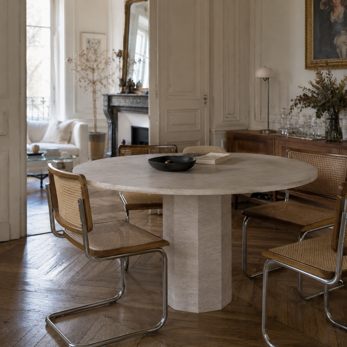 Table Obsidian en Travertin Naturel – Table à manger ronde minimaliste