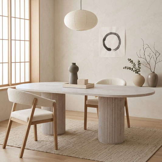 Table à manger ovale en travertin Lithos – Pieds striés design