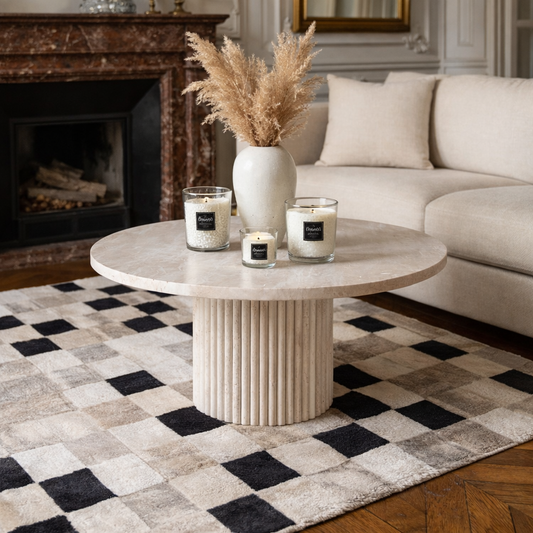 Table Basse Ronde en Travertin Nesso – Piétement strié raffiné