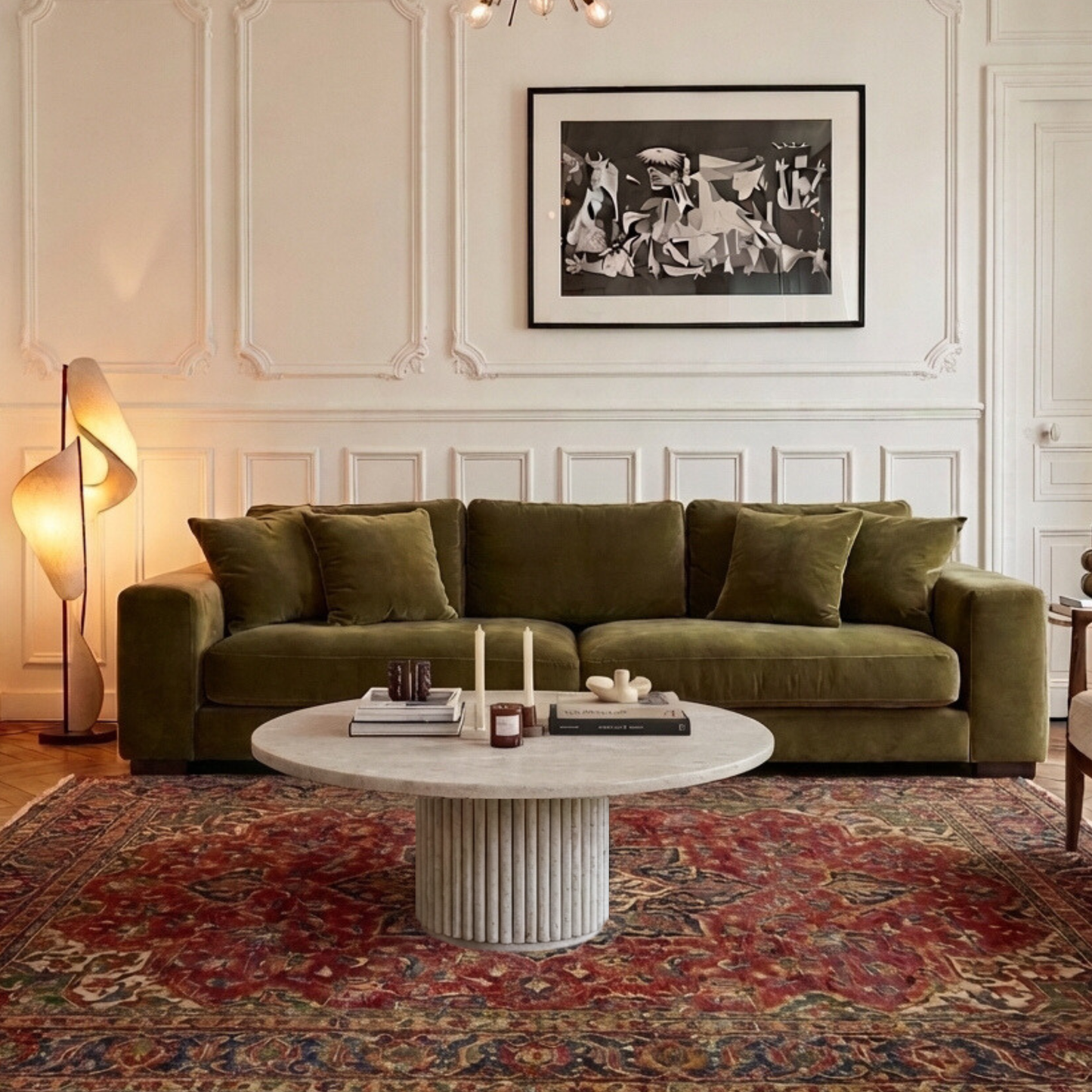 Table Basse Ronde en Travertin Nesso – Piétement strié raffiné