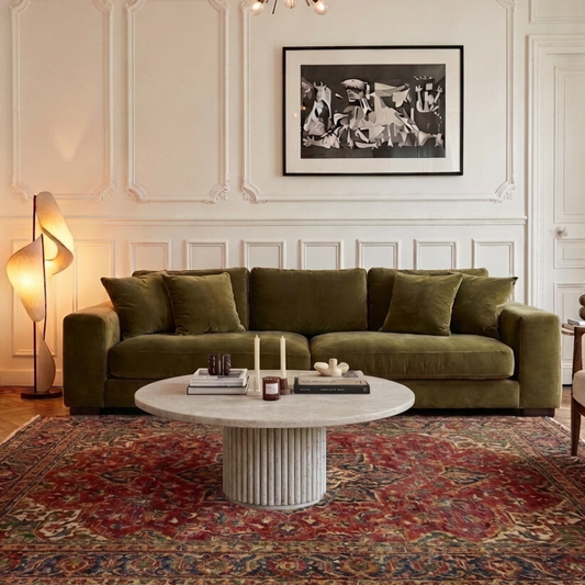 Table Basse Ronde en Travertin Nesso – Piétement strié raffiné