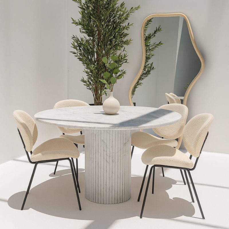 Table à manger Orane en marbre blanc – Design rond et moderne