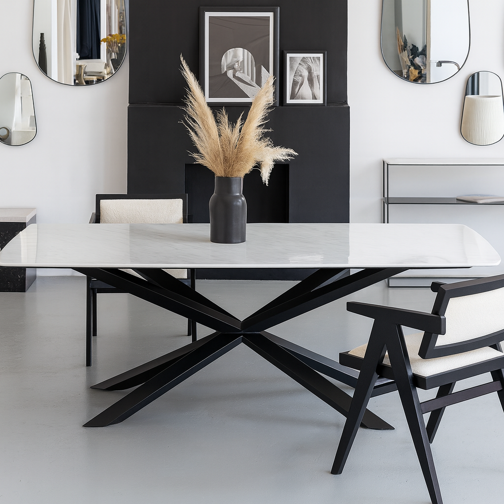 Table à Manger Toscana – Marbre Blanc de Toscane & Acier Noir